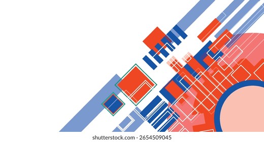 Abstract Geometric Technology Design Featuring Red, Blue, and Pink Shapes with Dynamic Lines and Overlays. Ideal for Business, Backgrounds, and Modern Digital Concepts.
