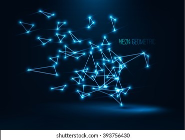 Abstract geometric technology shape of glowing particles . Neon luminous objects . Chaotic polygonal elements . Futuristic vector  illustrations . Low poly wireframe