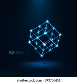 Abstract geometric technology shape of glowing particles . Neon luminous lines . Cube wireframe in perspective . Futuristic background . Vector digital 3d illustrations 