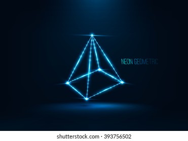Abstract geometric technology shape of glowing particles .Neon luminous lines . Pyramid wireframe in perspective . Futuristic vector digital 3d illustrations .