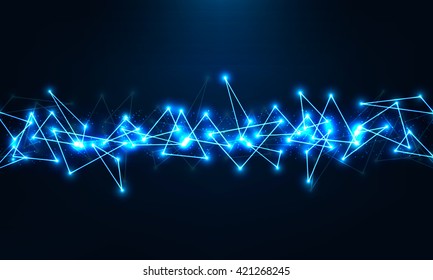Abstract geometric technology shape of glowing particles . Neon luminous objects . Chaotic polygonal elements . Futuristic vector  illustrations . Low poly wireframe