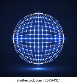 Abstract geometric technology shape of glowing dots, network connection. Neon global digital connections