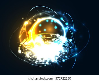 Abstract geometric technology shape of glowing particles Light neon
