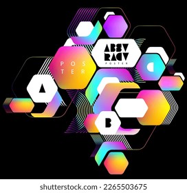 Abstract geometric template of colorful hexagons. Multicolor poster design with frame for text.