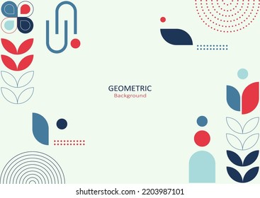 Abstract geometric template flat design with simple shapes of circles, dots, and lines on light blue background. Copy space for text. Landing page design. Vector Illustration.