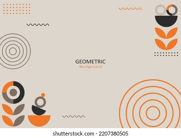 Abstract geometric template flat design with simple shapes of circles, rings, lines, and dots on a beige background. Copy space for text. Landing page design. Vector Illustration.