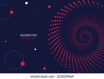 Abstract geometric template flat design with red dots spiral, swirl, and round shapes on a dark blue background. Copy space for text. Landing page design. Vector Illustration.