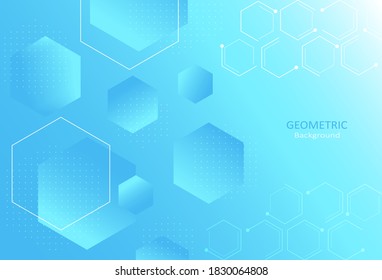 Abstract geometric template with hexagon shapes on blue gradient background. Element design with lines and dots pattern. Copy space for text. Vector Illustration.