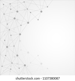 Abstract geometric template with mesh or grid of random lines and dots. Gray background for presentation. Circles of different size on gray lines. Creative template with space for your headline.