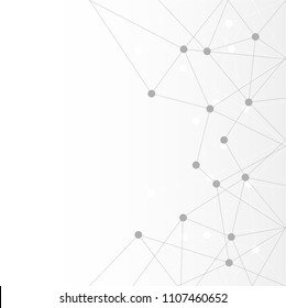 Abstract geometric template with mesh or grid of random lines and dots. Gray background for presentation. Circles of different size on gray lines. Creative template with space for your headline.