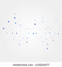 Abstract geometric template with mesh or grid of random lines and dots. Gray background for presentation. Circles of different size on gray lines. Creative template with space for your headline.