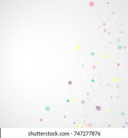 Abstract geometric template with mesh or grid of random lines and dots. Gray background for presentation. Circles of different size on gray lines. Creative template with space for your headline.
