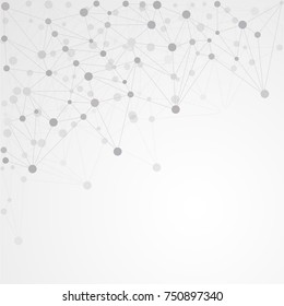 Abstract geometric template with mesh or grid of random lines and dots. Gray background for presentation. Circles of different size on gray lines. Creative template with space for your headline.