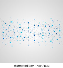 Abstract geometric template with mesh or grid of random lines and dots. Gray background for presentation. Circles of different size on gray lines. Creative template with space for your headline.