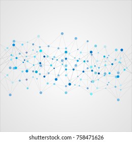 Abstract geometric template with mesh or grid of random lines and dots. Gray background for presentation. Circles of different size on gray lines. Creative template with space for your headline.