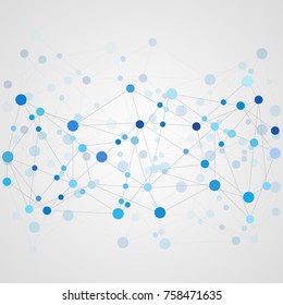 Abstract geometric template with mesh or grid of random lines and dots. Gray background for presentation. Circles of different size on gray lines. Creative template with space for your headline.
