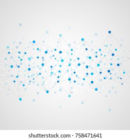 Abstract geometric template with mesh or grid of random lines and dots. Gray background for presentation. Circles of different size on gray lines. Creative template with space for your headline.
