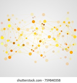 Abstract geometric template with mesh or grid of random lines and dots. Chaotic connection of lines and circles.