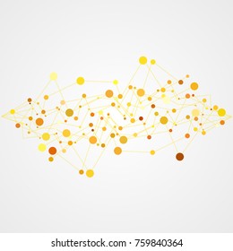 Abstract geometric template with mesh or grid of random lines and dots. Chaotic connection of lines and circles.