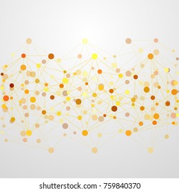 Abstract geometric template with mesh or grid of random lines and dots. Chaotic connection of lines and circles.