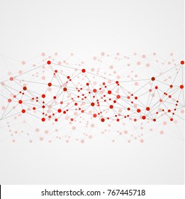 Abstract geometric template with mesh or grid of random lines and dots. Gray background for presentation. Circles of different size on lines. Creative template with space for your headline.