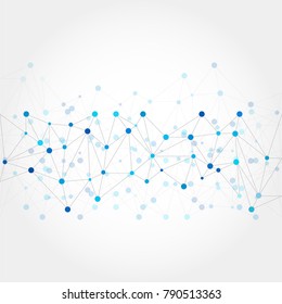 Abstract geometric template with mesh or grid of random lines and dots. Gray background for presentation. Blue Circles of different size on gray lines. Creative template with space for your headline.