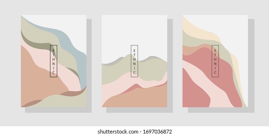 Plantillas geométricas abstractas. Antecedentes paisajísticos al estilo japonés. Diseño de afiches de montaña abstracto. Artes abstractas.Paisaje montañoso. Montaña con ilustración del río.