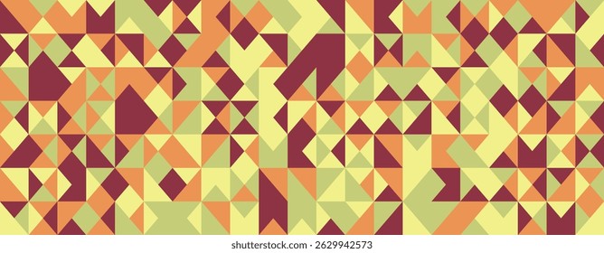 Abstract geometric textile design.  Vibrant autumnal hues in a mosaic of triangles and squares create a dynamic, visually engaging pattern perfect for backgrounds, website banners, or print projects.