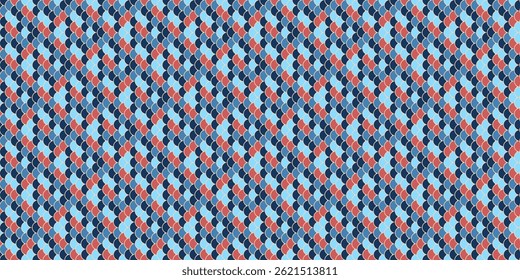 Padrão têxtil geométrico abstrato.  Design perfeito com formas interconectadas em tons de azul e coral. Ideal para moda, interiores e web design.  Elegante, moderno e versátil.
