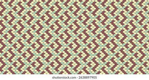 Abstract geometric textile pattern.  Seamless design in muted greens and browns, ideal for fashion, web design, or print.  Represents interwoven threads, symbolizing connection and continuity.