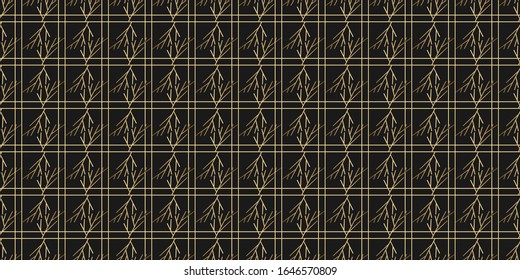 Abstract geometric texture, black background with gold outlines, seamless pattern, print trend 2020 