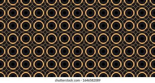 Abstract geometric texture, black background with orange outlines and circles elements, seamless pattern, print trend 2020