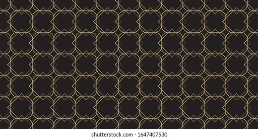 Abstract geometric texture, black background with gold outlines, seamless pattern, print trend 2020