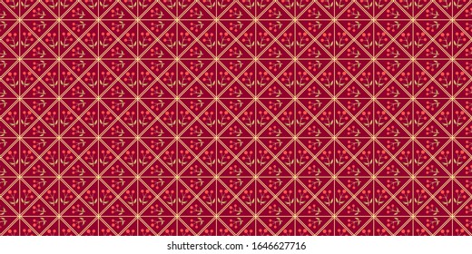 Abstract geometric texture, gold squares outlines with berries and leaves elements, seamless pattern, print trend 2020