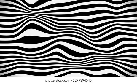 Abstrakte geometrische Struktur von Linien mit schwarz-weißem Streifen. Wavy, Curving Verzerrungseffekt erzeugt ein bibierendes, zerrissenes Aussehen. Design für Banner, Anzeigen, Poster und Hintergründe.