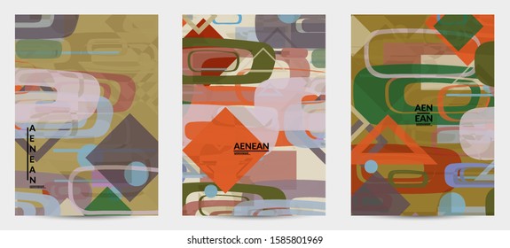 Abstract geometric texture. Mid century modern  design with geometric shapes transparent and overlapping. Retro colors. Flyer template retro geometry vintage style.