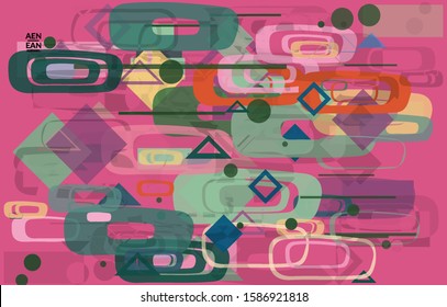 Abstract geometric texture. Mid century modern  design with geometric shapes transparent and overlapping. Retro colors. Webpage template retro geometry vintage style.
