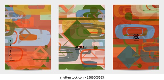 Abstract geometric texture. Mid century modern  design with geometric shapes transparent and overlapping. Retro colors. Flyer template retro geometry vintage style.