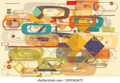 Abstract geometric texture. Mid century modern  design with geometric shapes transparent and overlapping. Retro colors. Webpage template retro geometry vintage style.