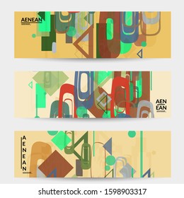 Abstract geometric texture. Mid century modern  design with geometric shapes transparent and overlapping. Retro colors. Banner template retro geometry vintage style.