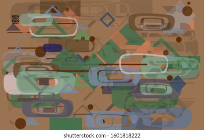 Abstract geometric texture. Mid century modern  design with geometric shapes transparent and overlapping. Retro colors. Webpage template retro geometry vintage style.