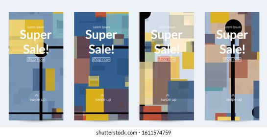 Abstract geometric texture. Mid century modern  design with geometric shapes transparent and overlapping. Retro colors. Social media template retro geometry vintage style.