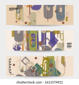 Abstract geometric texture. Mid century modern  design with geometric shapes transparent and overlapping. Retro colors. Banner template retro geometry vintage style.