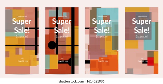 Abstract geometric texture. Mid century modern  design with geometric shapes transparent and overlapping. Retro colors. Social media template retro geometry vintage style.