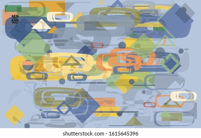 Abstract geometric texture. Mid century modern  design with geometric shapes transparent and overlapping. Retro colors. Webpage template retro geometry vintage style.