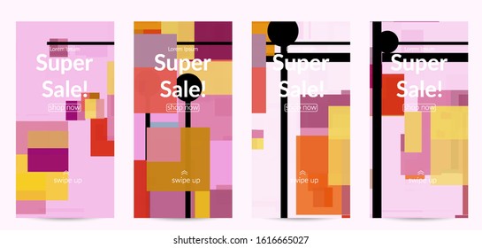 Abstract geometric texture. Mid century modern  design with geometric shapes transparent and overlapping. Retro colors. Social media template retro geometry vintage style.