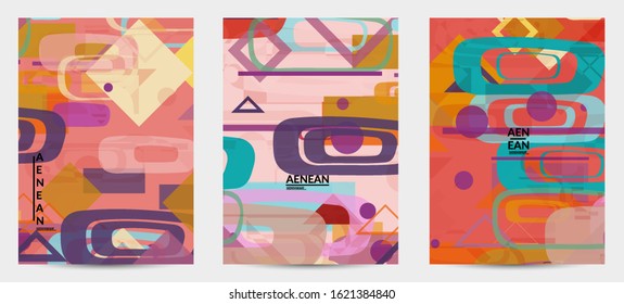 Abstract geometric texture. Mid century modern  design with geometric shapes transparent and overlapping. Retro colors. Flyer template retro geometry vintage style.