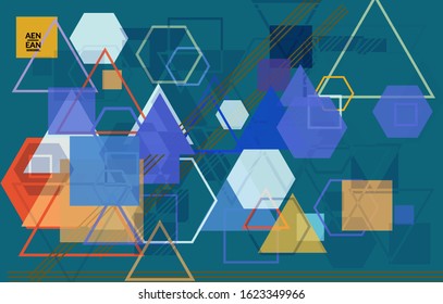 Abstract geometric texture. Mid century modern  design with geometric shapes transparent and overlapping. Retro colors. Webpage template retro geometry vintage style.