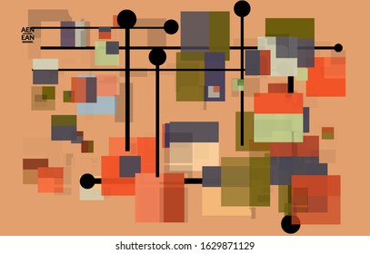 Abstract geometric texture. Mid century modern  design with geometric shapes transparent and overlapping. Retro colors. Webpage template retro geometry vintage style.