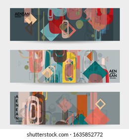 Abstract geometric texture. Mid century modern  design with geometric shapes transparent and overlapping. Retro colors. Banner template retro geometry vintage style.